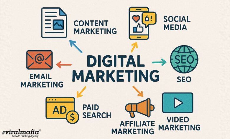 Digital marketing strategy and online marketing services illustration
